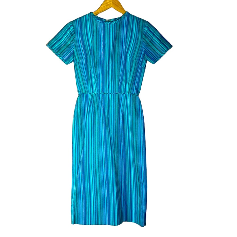 SOLD! VTG 50s 60s Blue Striped Dress Short Sleeve Cotton Lined Midi Handmade